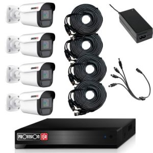 KIT de Videovigilancia de 4 cámaras de 2 MP Policarbonato, 4 cables siamés de 20 metros, fuente de 12V/3A, pulgo de 4 salidas, Sin HDD